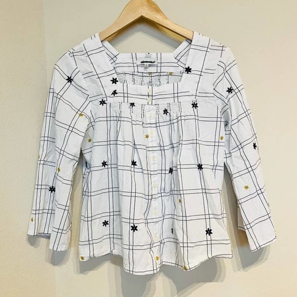 MADEWELL Windowpane Embroidered Boho Square Neck Button Down Blouse SMALL - Picture 6 of 9